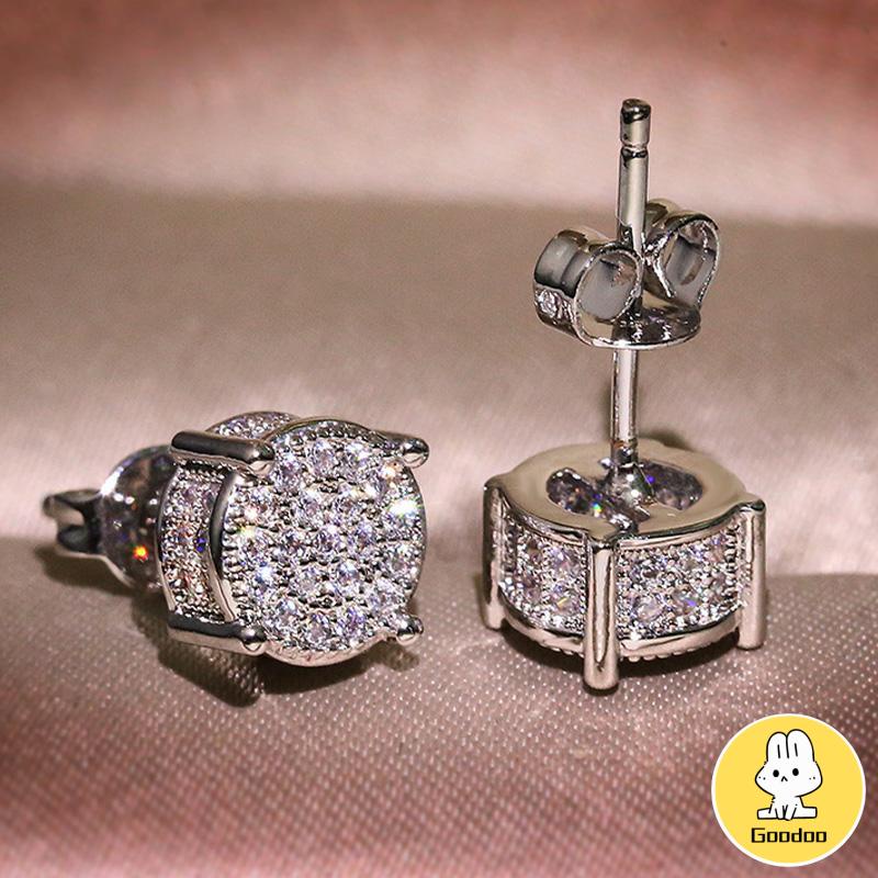 Anting-anting berlian bulat empat garpu pria untuk aksesori hip-hop punk zirkon wanita -Doo