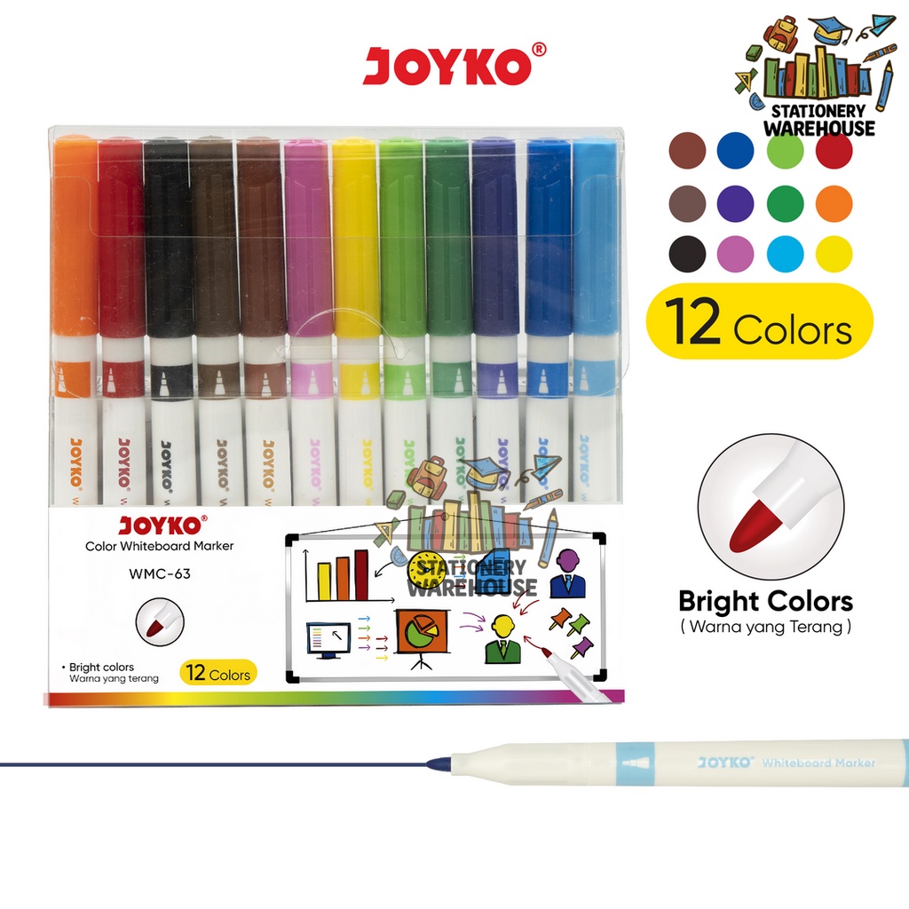 

Spidol Warna Papan Tulis Color Whiteboard Marker Joyko WMC-63 12 Warna