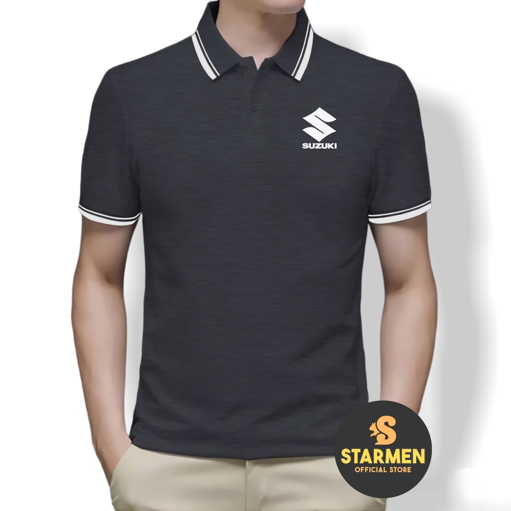 Kaos Polo Shirt Pria Kerah List Putih Logo SUZUKI