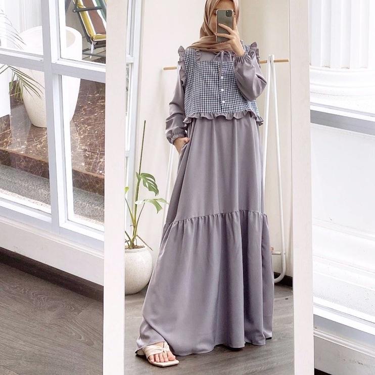 Best Seller Gamis Remaja Terbaru Dress Muslim Rompi Kotak Kotak Baju Muslim Murah LALA DRESS