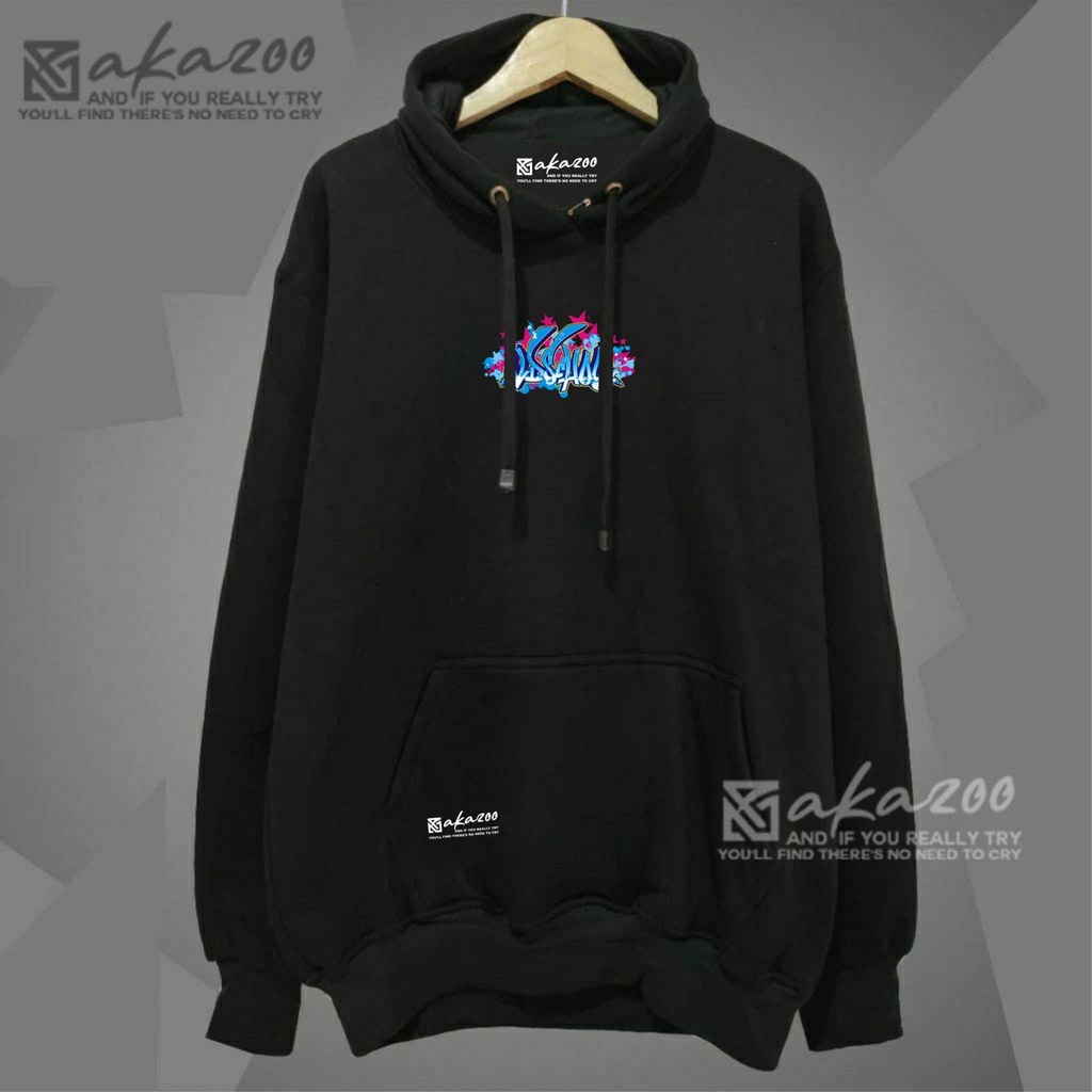 zipper hoodie korean style grafitty premium Warna hitam merek akazoo ABSEHOL sablon putih  Motif polos dan prins dan huruf gaya atletis korean street style Bahan katun jenis Lengan Panjang  Musim Dingin  hoodie oversize pria korean style  zipper hoodie