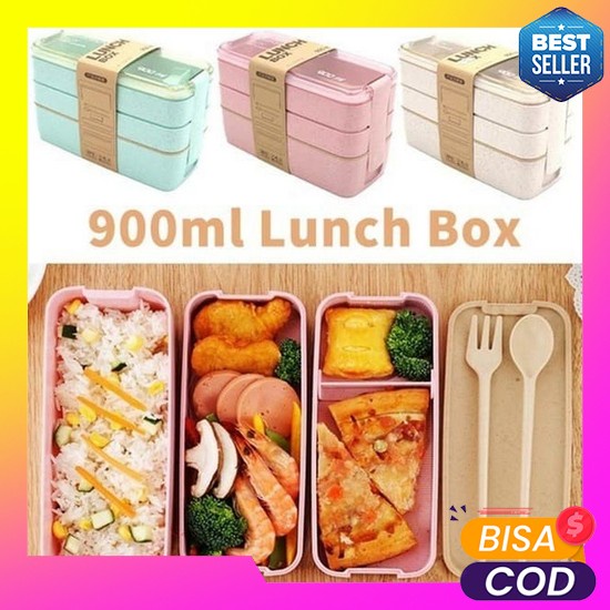 Tas Tote Tenteng Kecil Sederhana Gaya Jepang Untuk Bekal Kotak Makan Bahan Tikar Kokoh Lunchbox Sekat 2 / 3 Wheat Straw / Kotak Bekal Makan Lunch Box - Pink 3 Susun