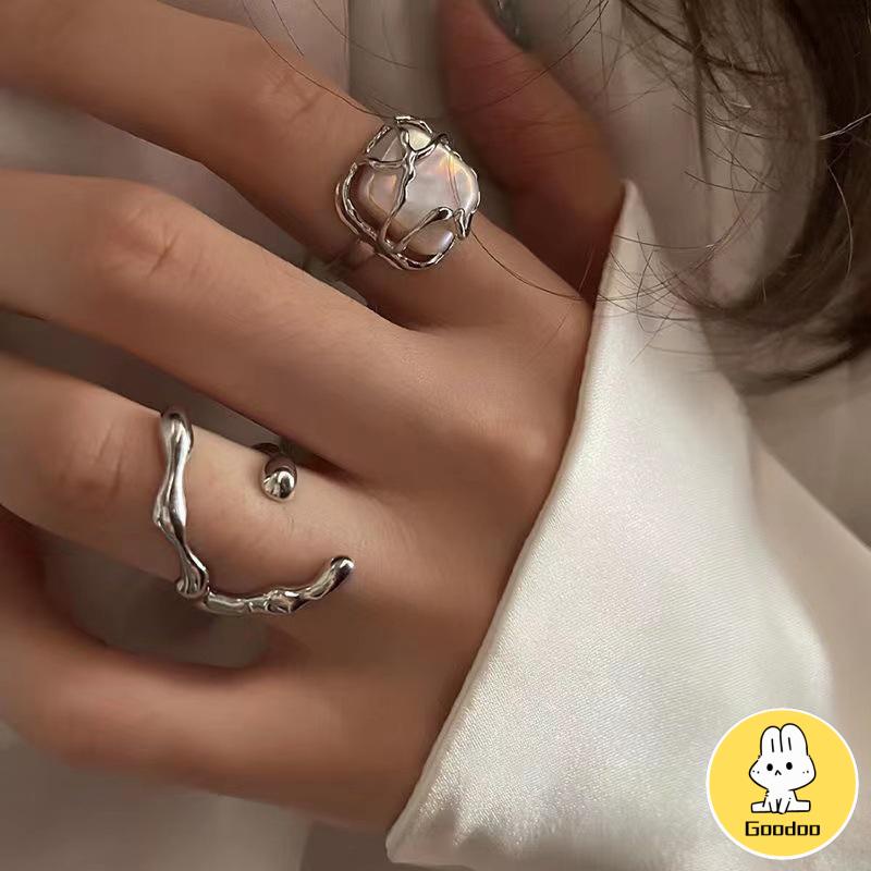 2PCS Cincin mutiara/cincin perak Korea retro Temperamen Pembukaan Tidak Teratur Cincin Dapat adjustable Cincin Wanita -Doo