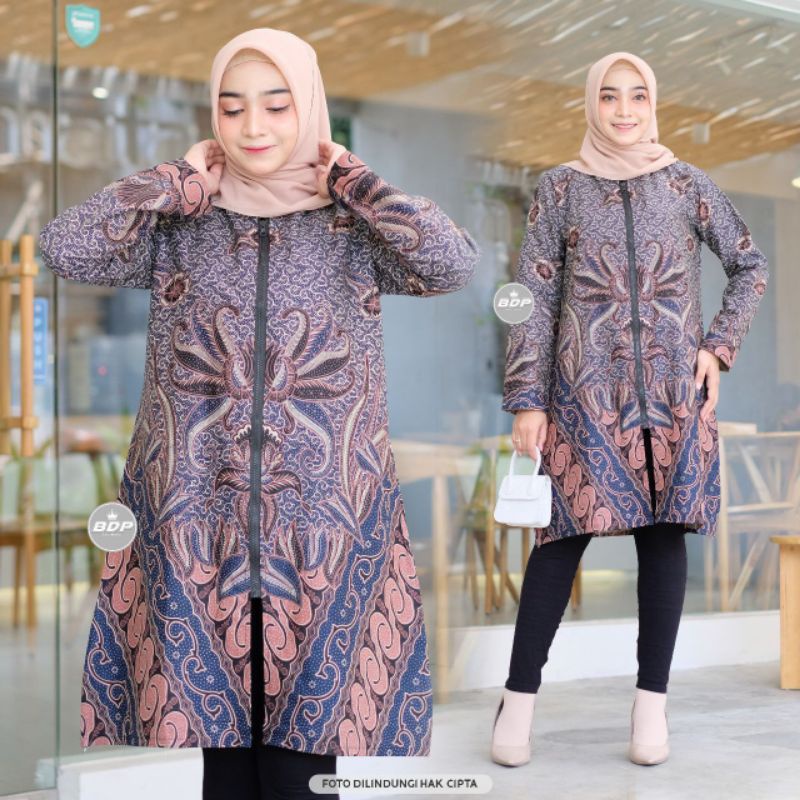 Atasan Tunik Batik Wanita Zipper depan