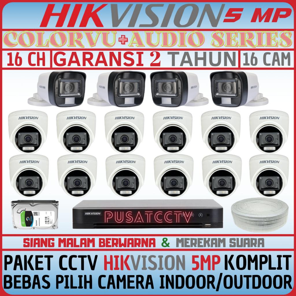 PAKET CCTV HIKVISION 5MP 16 CHANNEL 16 CAMERA TURBO HD KOMPLIT SIANG MALAM BERWARNA DAN REKAM SUARA
