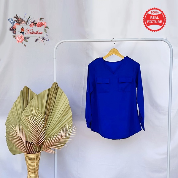 Atasan Wanita Wolly Crepe Import Polos Kantong Depan Warna Biru Blouse Kasual dan Formal Korea Style Untuk Kerja Lengan Bisa di gulung