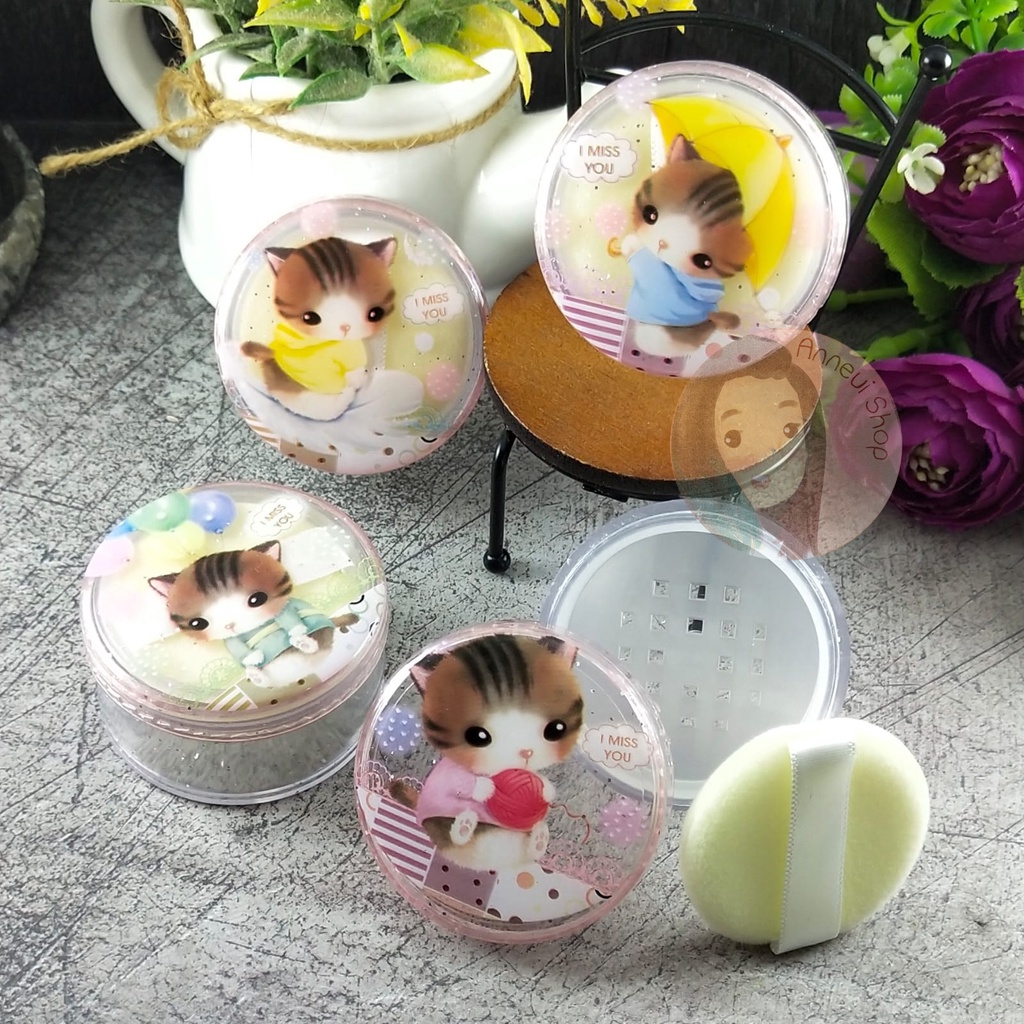 [Free Puff] Wadah Tempat Bedak Tabur Mini Travel Size Lucu Imut Kawaii Neko Kiyowo Korea Korean Kpop Style Termasuk Gratis Spons Sponge Bedak