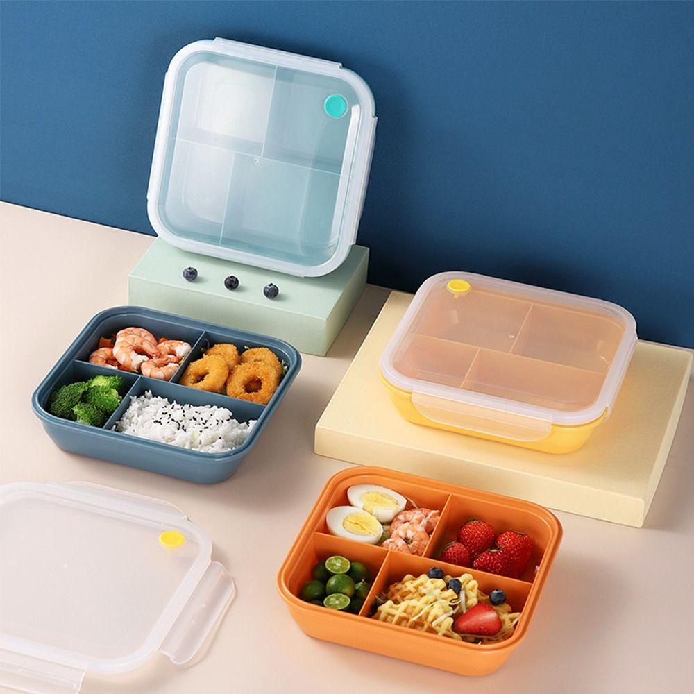 Solighter Lunch Box Microwavable Persegi Panjang Grid Dengan Sendok Wadah Makanan