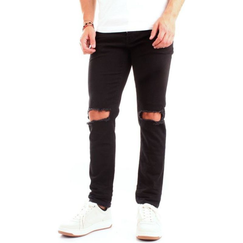 Wisdom - Celana Skinny Jeans Ripped Black Basic Stretch - tear the knee