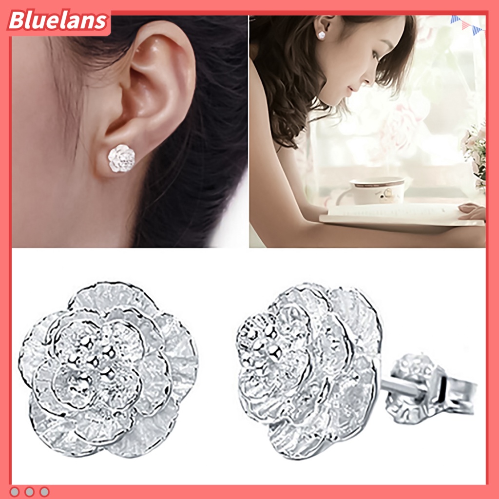 Bluelans 1 Pasang Anting Stud Silver Plated Bentuk Bunga Romantis Untuk Wanita