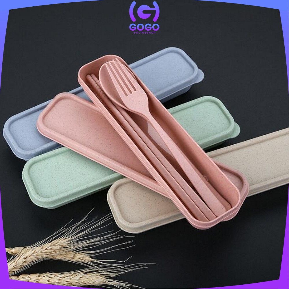 GOGO-C176 Sendok Garpu Sumpit 3in1 Travel Cutlery Set Alat Makan Set Korea Bahan Jerami Gandum Impor