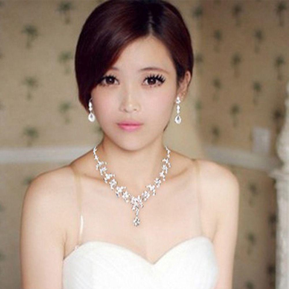 Needway   Set Perhiasan Pernikahan Pengantin Bergaya Shiny Hook Earrings Berlian Imitasi Disepuh Alloy Mahkota Kristal