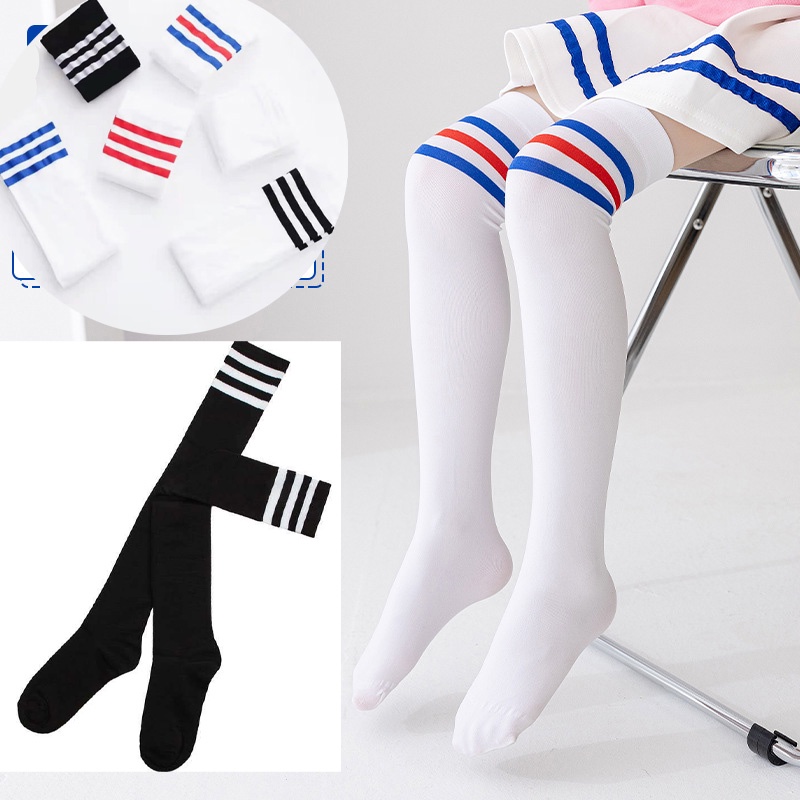 Kaus kaki Wanita Panjang sepaha di Atas Lutut Over Knee Socks tiga Garis Kaos kaki D52