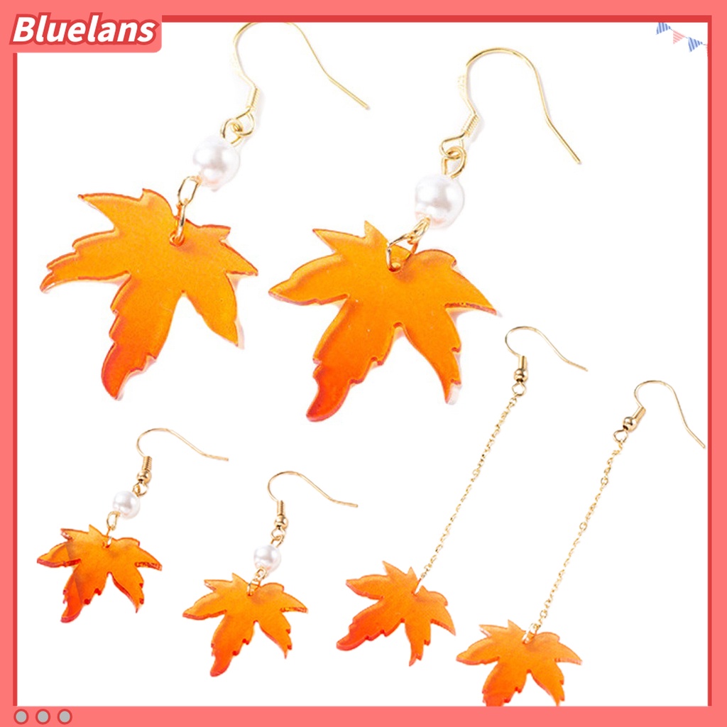 1 Pasang Anting Kait Rantai Rumbai Desain Daun Maple Aksen Mutiara Tiruan Warna Oranye Untuk Hadiah