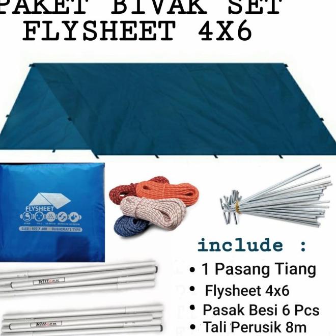 Set Flysheet 4X6 Waterproof Dan Tiang Double Free Pasak Dan Tali