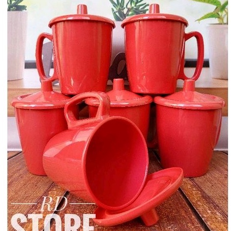 PROMO 6.PCS CANGKIR GAGANG TUTUP MELAMINE POLOS