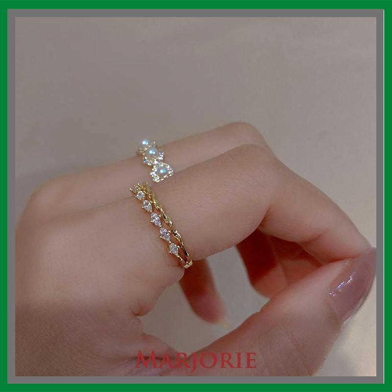 Double-layer Retro Pearl Diamond Ring Niche Light Desain Mewah Cincin Dapat Disesuaikan Terbuka-MJD