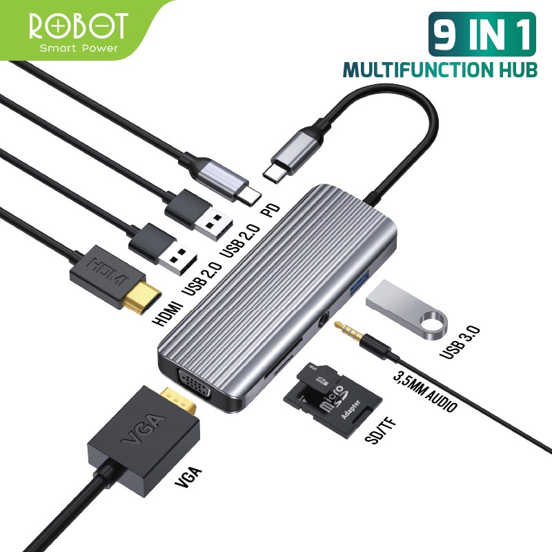 ROBOT HT590 Multiport 9in1 USB Type C HUB Adapter Lightweight &amp; Portable Space Grey Aluminium Alloy PORT USB 2.0 USB 2.0 3.5 mm Audio SD/TF PD HDMI VGA Transmisi Ganda Original - Garansi