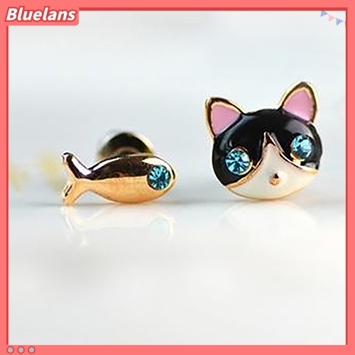 Bluelans 1 Pasang Anting Stud Desain Kucing Ikan Aksen Berlian Imitasi Gaya Korea Untuk Wanita