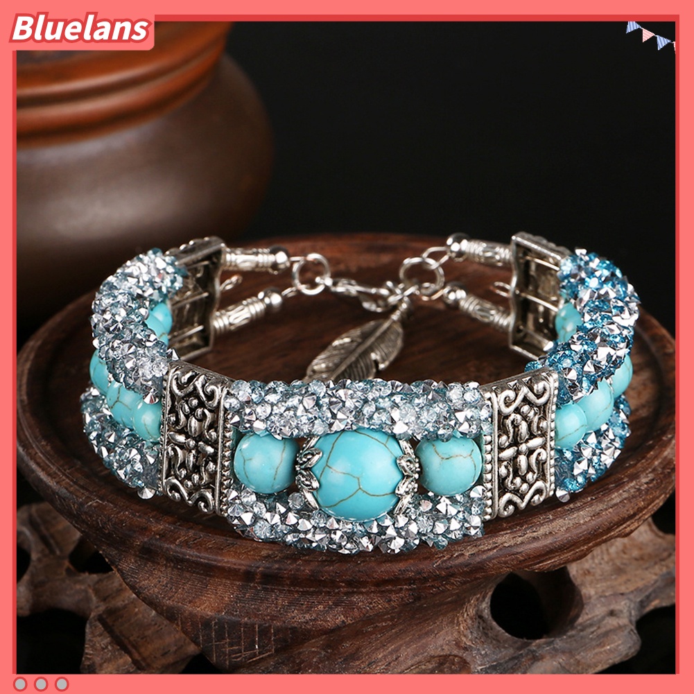 Bluelans Vintage Women Faux Turquoise Beads Rhinestone Carved Bracelet Bangle Jewelry