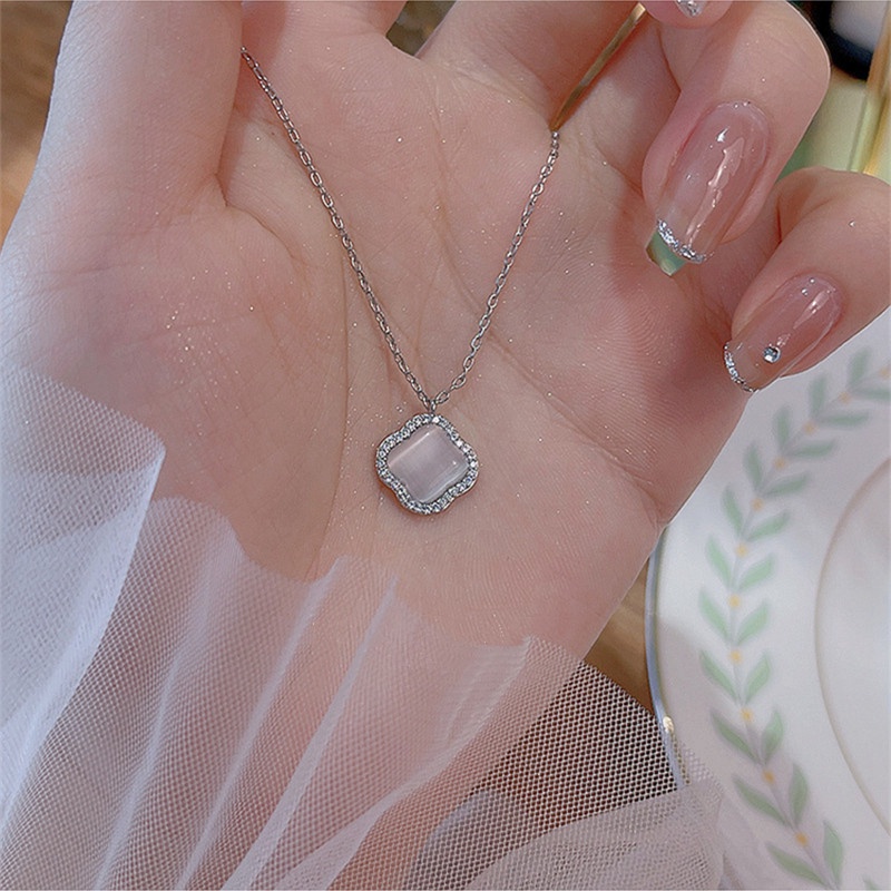 Kalung Liontin Daun Clover Opal Zircon Gaya Korea Untuk Wanita