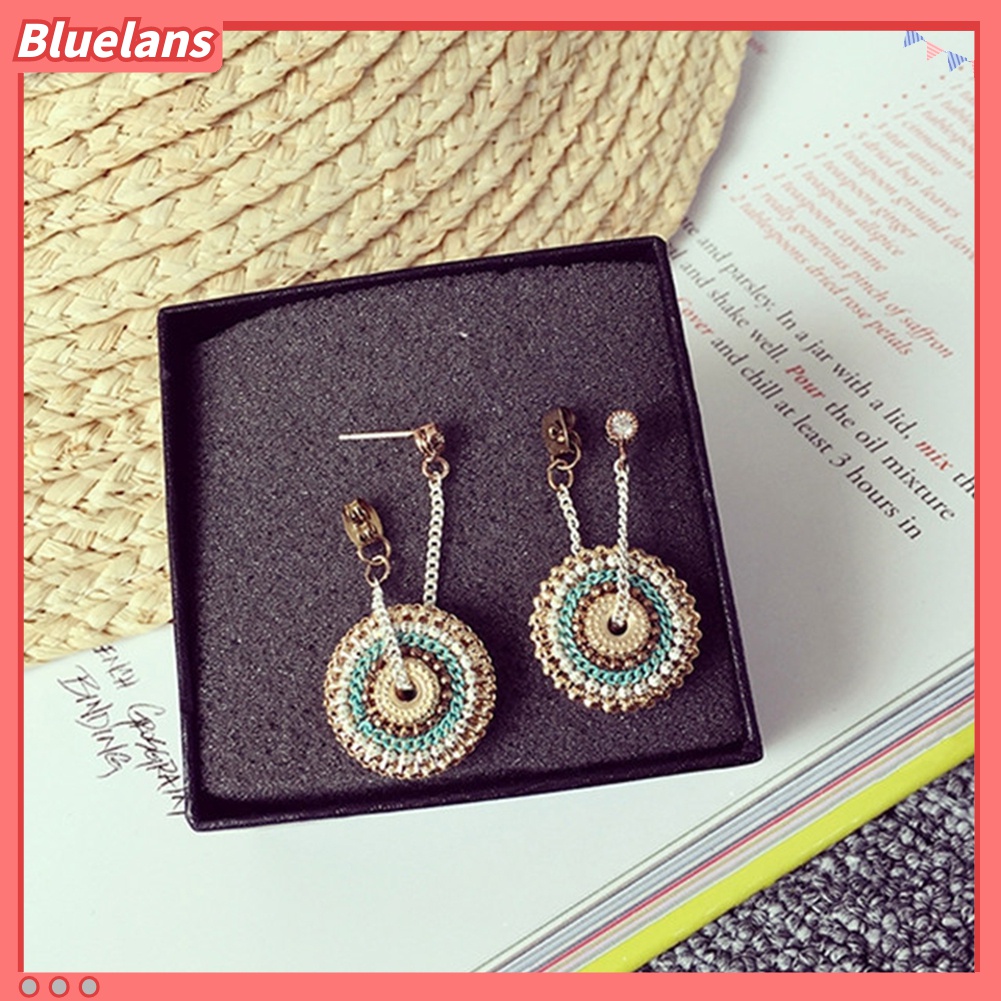 Anting Tusuk Gantung Desain Bulat Hias Berlian Imitasi Gaya Bohemian Handmade Untuk Wanita