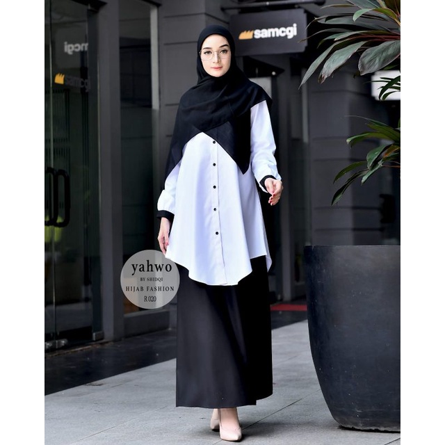 SETELAN HITAM PUTIH R020/SETELAN ROK KATUN TOYOBO FODU KUALITAS PREMIUM/SERAGAM HITAM PUTIH TERBARU/PAKAIAN DINAS WANITA/BAJU HITAM PUTIH TOYOBO FODU/SET ROK TUNIK TOYOBO BY YAHWO HIJAB FASHION ORIGINAL/YAHWO ORIGINAL