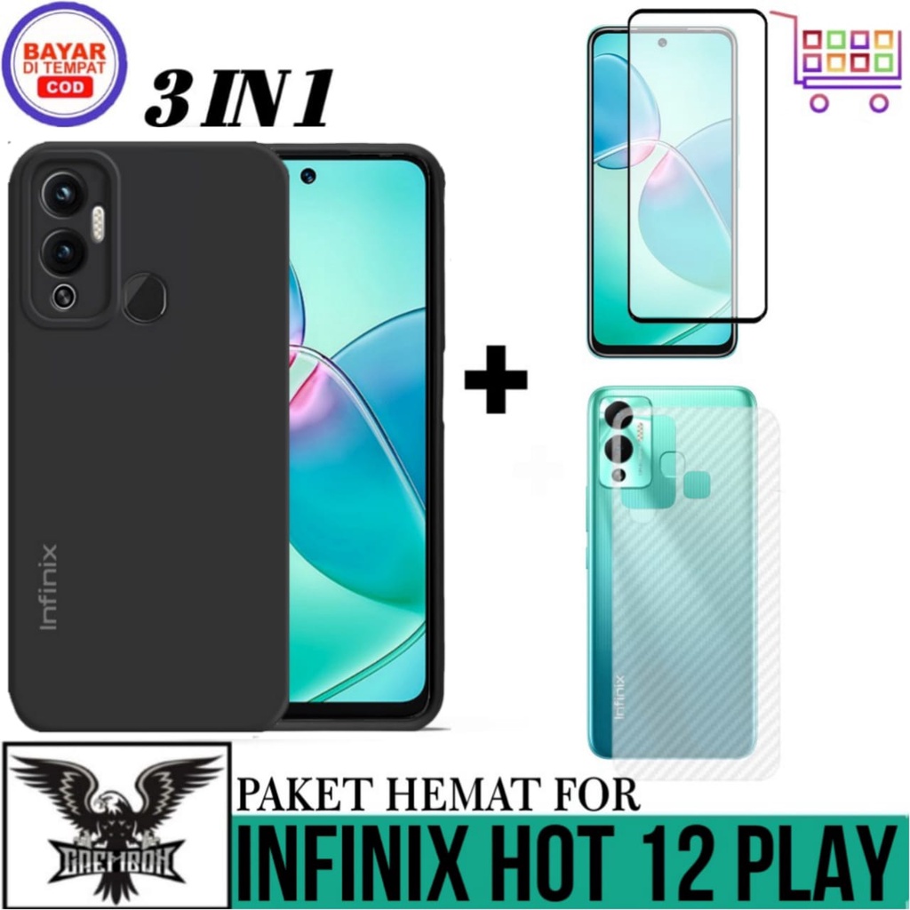 Promo 3in1 Case INFINIX HOT 12 PLAY 12 PLAY NFC Free Tg Anti Gores Layar Dan Garskin Premium Anti Be
