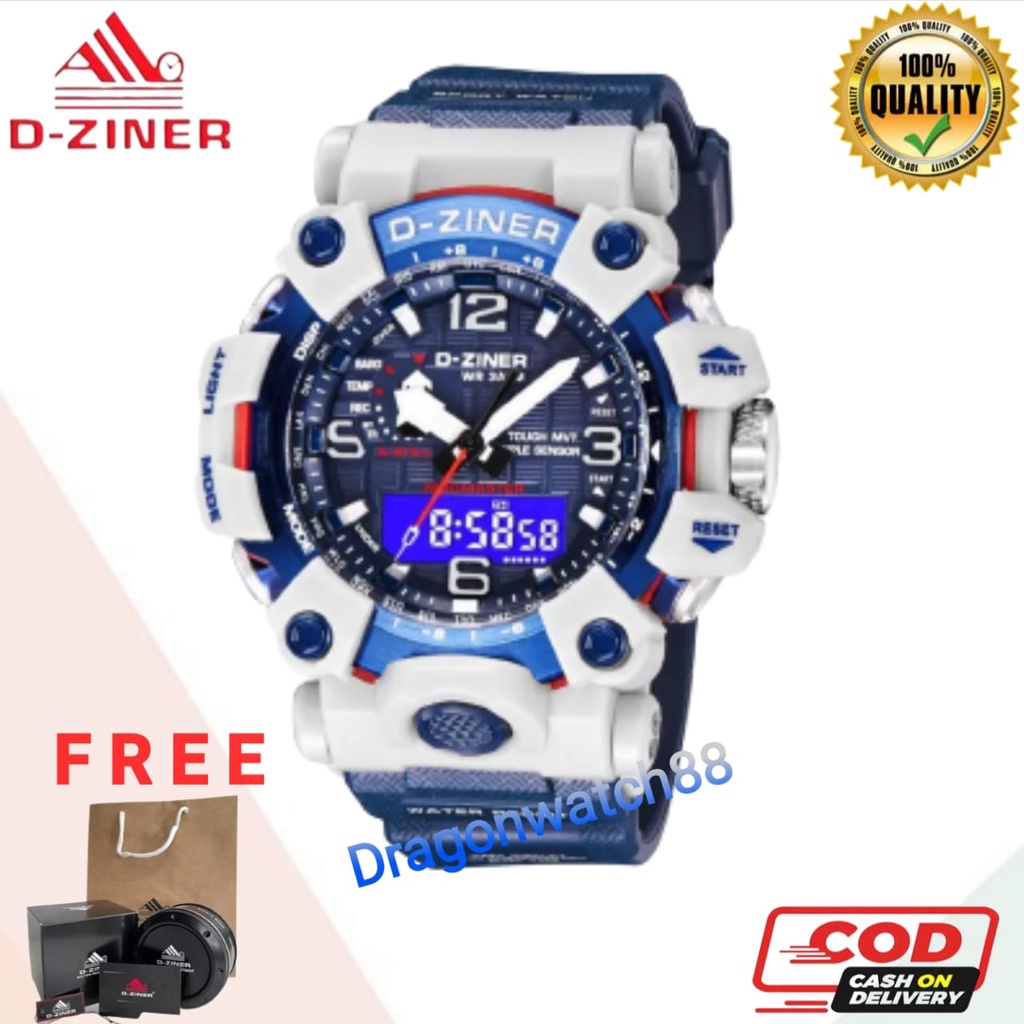 ✔️COD JAM TANGAN PRIA DZINER 8316 ORIGINAL WATER RESISTANT 30M / JAM TANGAN D-ZINER DIGITAL ANALOG DUAL TIME STRAP RUBBER SPORT ANTI AIR ( FREE BOX + KARTU GARANSI )