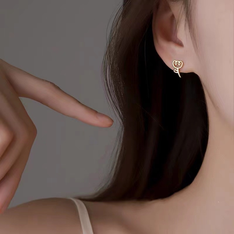 Mhang Anting Tusuk Gantung Bahan Sterling Silver 925 Desain Bunga Tulip Mini Hollow Gaya Vintage Untuk Wanita