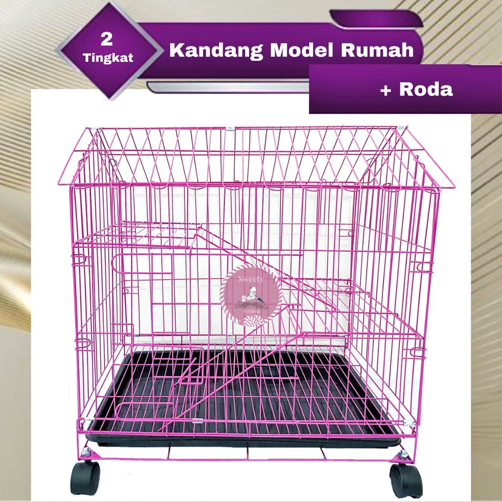 KANDANG KUCING 2 TINGKAT MODEL RUMAH 60X40X70 + RODA