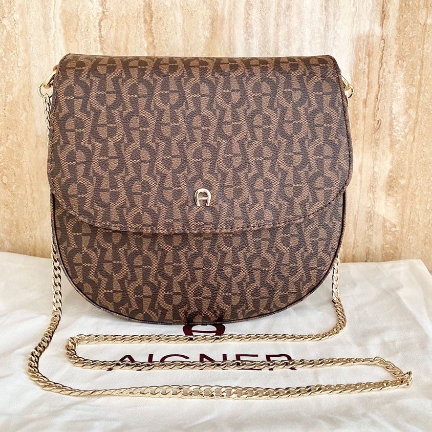 Tas Wanita Branded Aigner Ava Fango Signature Flap Chain Shoulder Bag Medium Dark Brown - 100% Origi