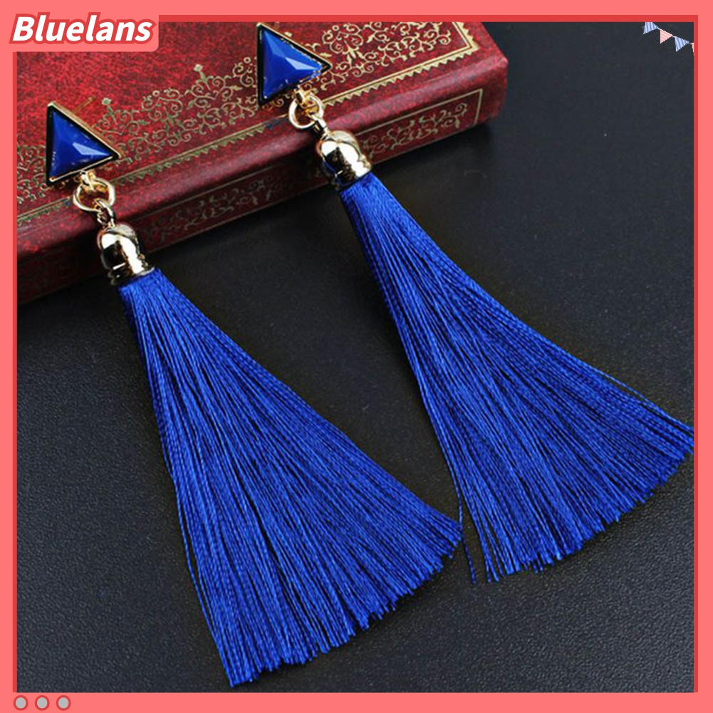 Anting Tindik Rumbai Panjang Bentuk Segitiga Geometris Gaya Bohemian Untuk Wanita