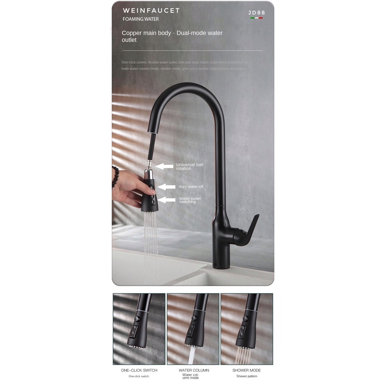 Keran Dapur Tarik Kran Air Aer Kitchen Sink Faucet Pull Black Hitam