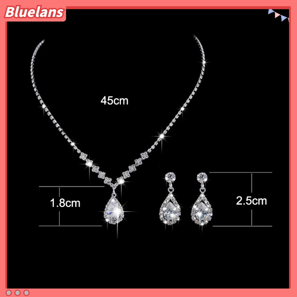 Set Perhiasan Kalung Anting Kait Rantai Menjuntai Bentuk Tetesan Air Aksen Berlian Imitasi Untuk Wanita