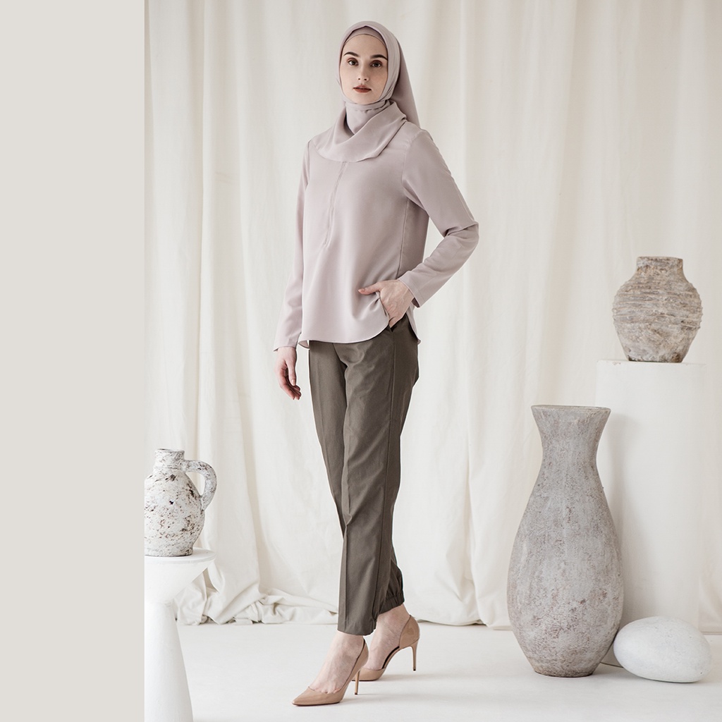 Abimana by Aska Label - Celana panjang wanita katun semi casual kantor warna abu muda, hijau olive, hijau olive gelap