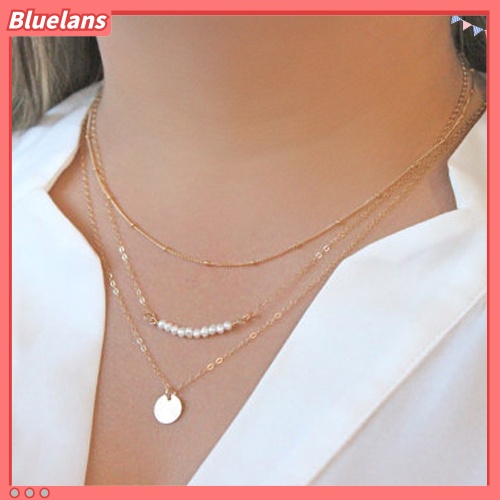 Bluelans Women Stylish Faux Pearls Polished Coin Charm Pendant Three Layers Necklace