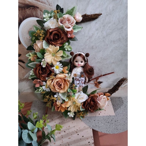 Wreath Bulan Sabit Hias Bunga Dan Boneka Hiasan Dinding Hiasan Pintu Dekorasi Rumah Home Decor