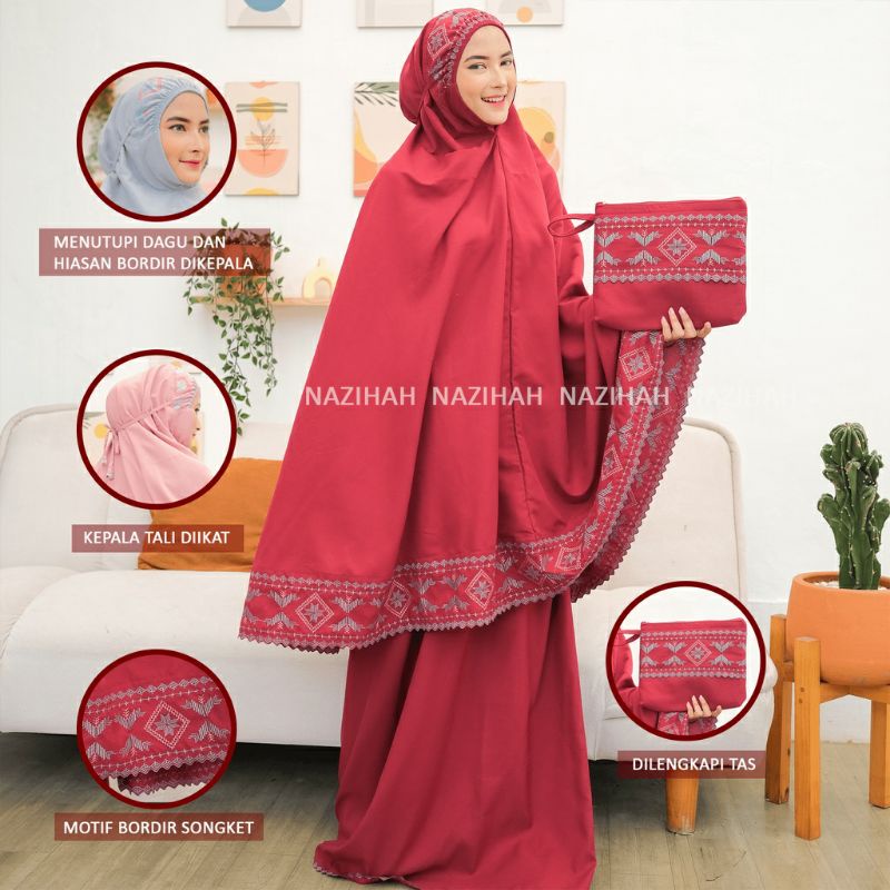 mukena dewasa songket bordir full katun renda bordir free tas