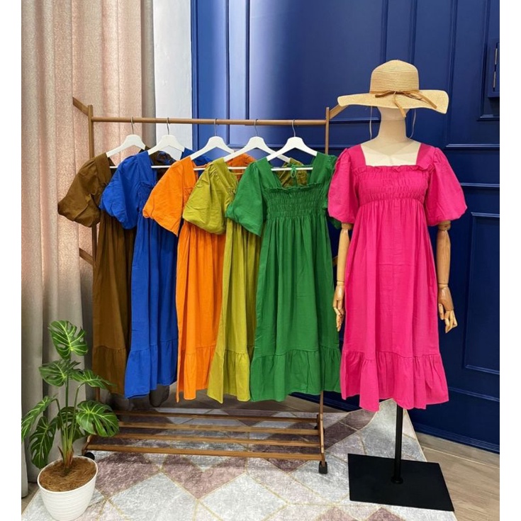 ♡ PREMIUM ♡ ORIGINAL ! LEVINA PUFFY SMOCKED BABYDOLL BACK TIED MIDI DRESS  ( BUMIL FRIENDLY )