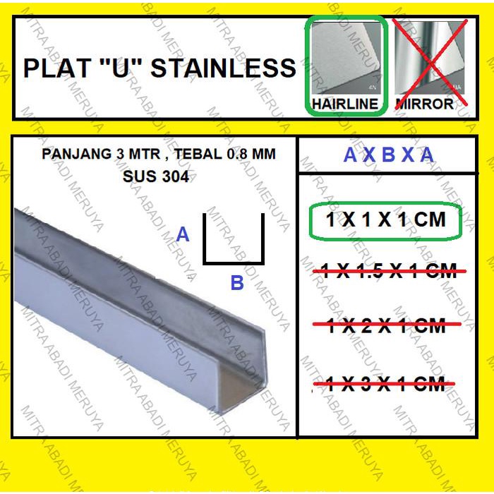 Plat Stainless Hairline U 1 x 1 x 1 cm Lis Stainless Tekuk