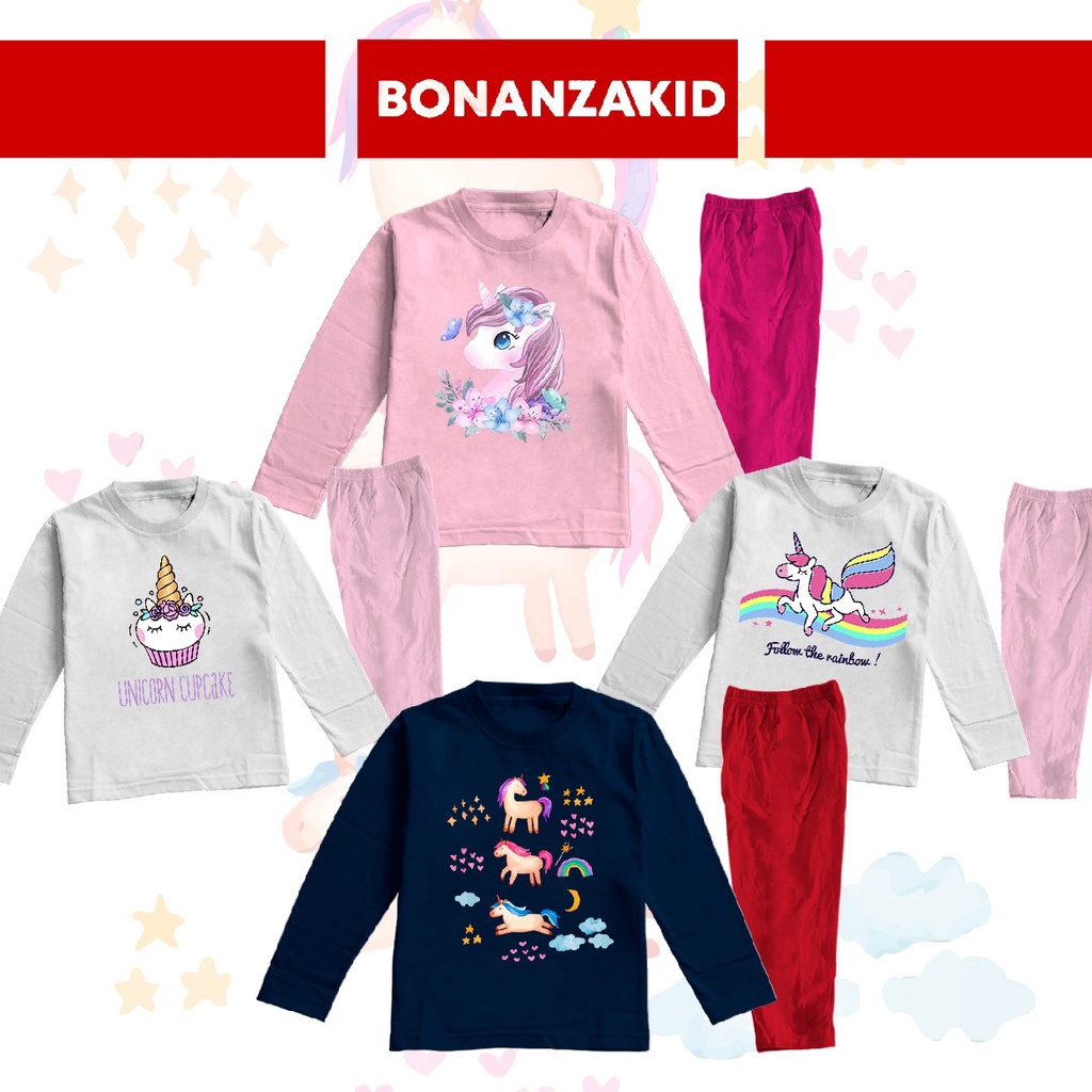 Baju Tidur Anak Perempuan Piyama Anak Perempuan Art Unicorn Cute Usia 2 Sampai 8 Tahun Katun Combed 30s