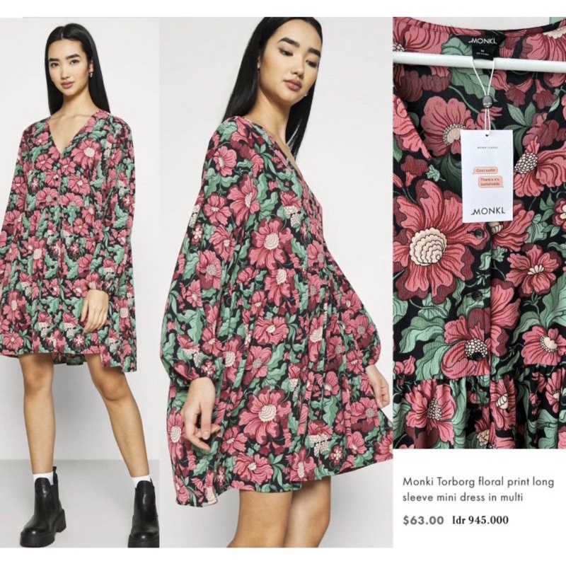 Monki Torborg floral printing long sleeve mini dress