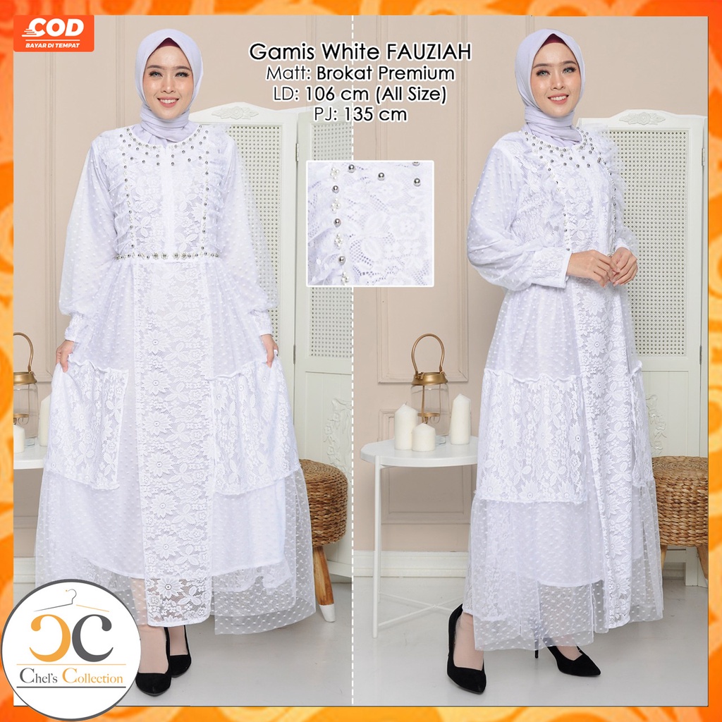 Gamis Syari Brukat Wanita Remaja Dewasa Terbaru Warna Putih Cerah Elegan Mewah | Pakaian Muslimah Br