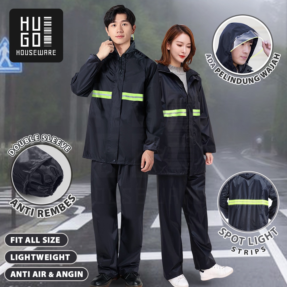 HUGO Jas Hujan Setelan Premium All Size Pria Wanita Mantel Hujan Tebal Anti Angin Green Line