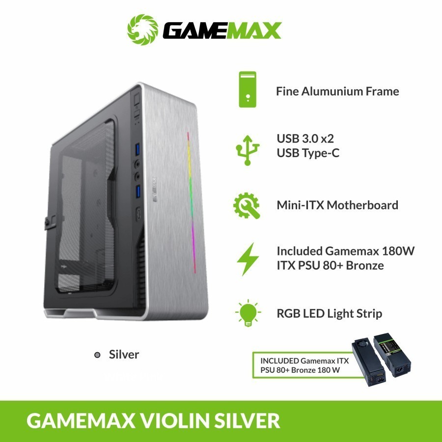 Gamemax Violin Silver Ultra Slim Mini ITX PC Case with LED Rainbow