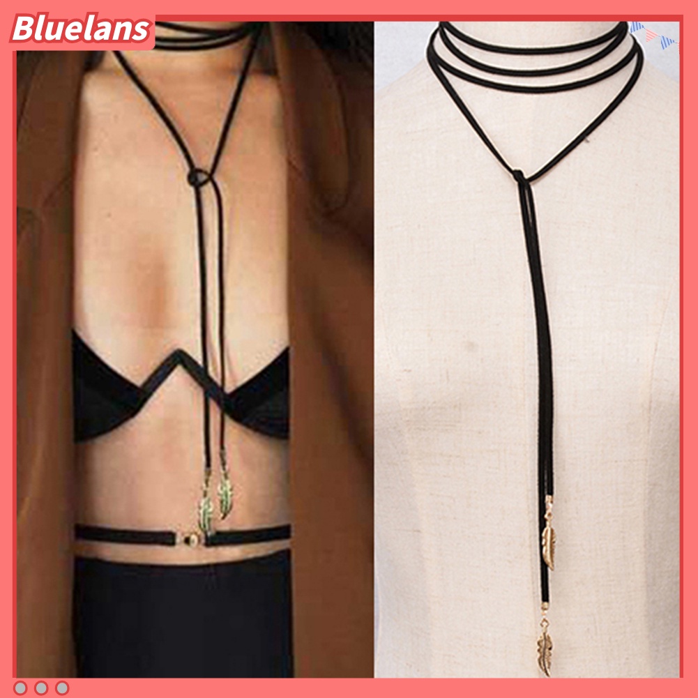 Bluelans Kalung Choker Tali Velvet Liontin Bulu Gaya Punk Untuk Wanita