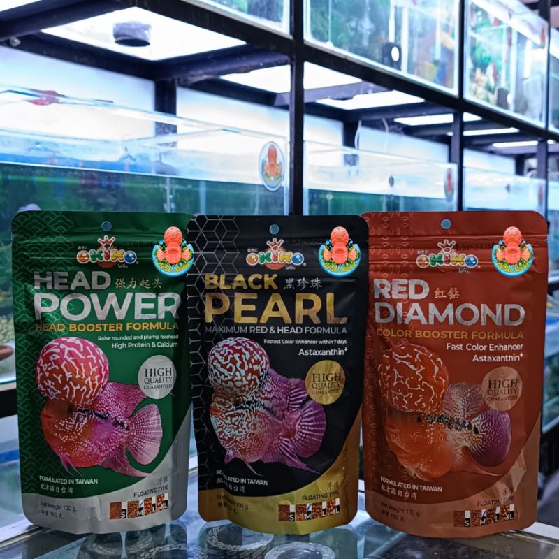 Okiko Black Pearl Head Power Red Diamond 100gram Pelet Ikan Louhan Flowerhorn Makanan Pakan Makan Je