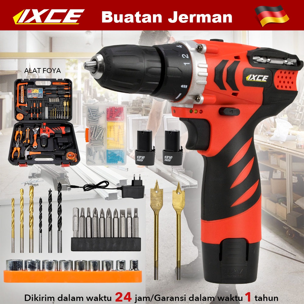 IXCE 118Pcs Hand Toolset / Tool Kit Set / Toolbox 12V Cordless Drill Set / Kotak Alat Multifungsi Bor Listrik Set Obeng / Electrician Tools