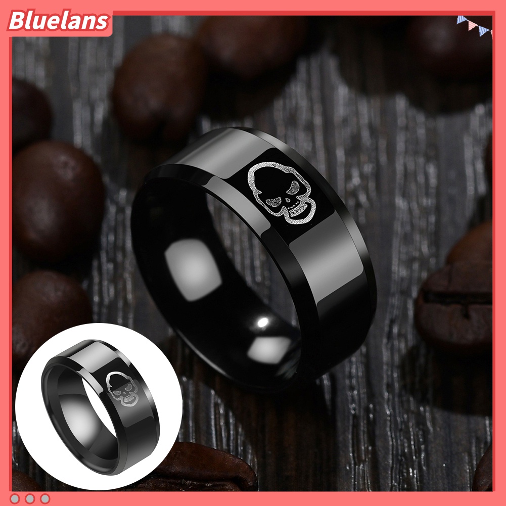 Cincin Pria Motif Print Tengkorak Bahan Stainless Steel Untuk Pesta